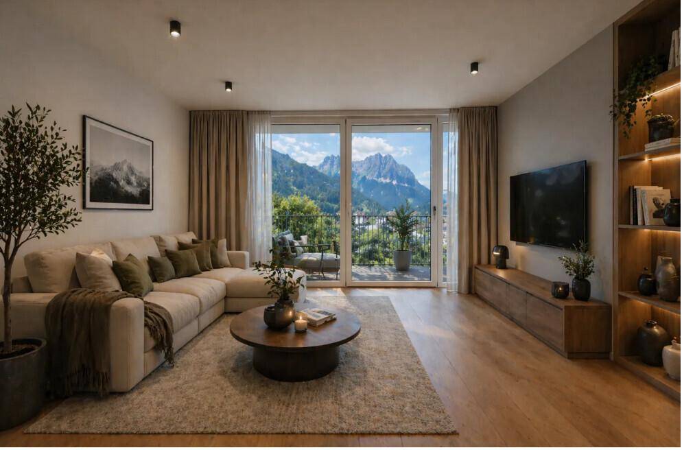 Gemütliches Wohnzimmer mit Sofa, TV-Möbeln und Balkonzugang mit Bergblick.