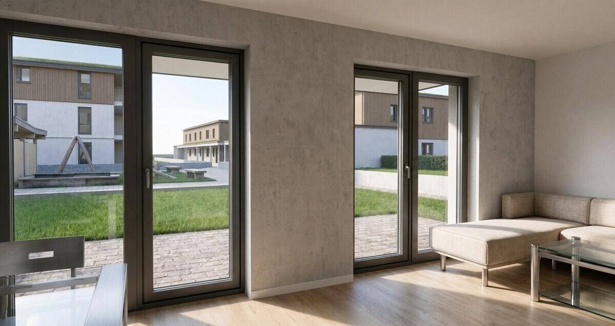 Heller Wohnraum mit großen Fenstern, die den Blick auf den Innenhof und die umliegenden Gebäude freigeben.