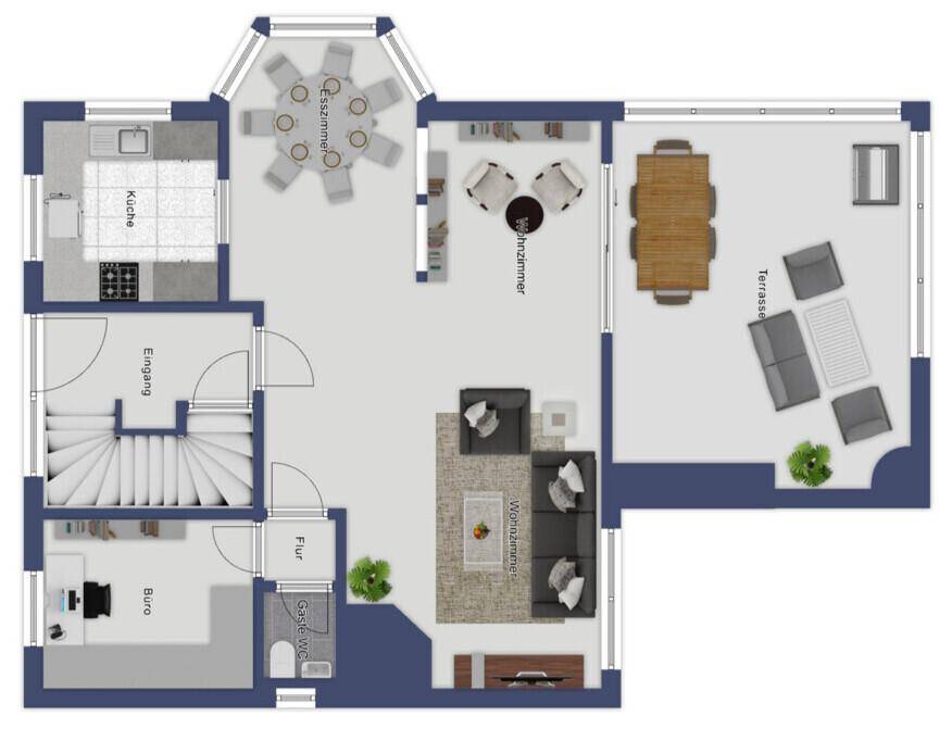 Grundriss des Erdgeschosses mit Wohnzimmer, Esszimmer, Küche, Büro und Terrasse.