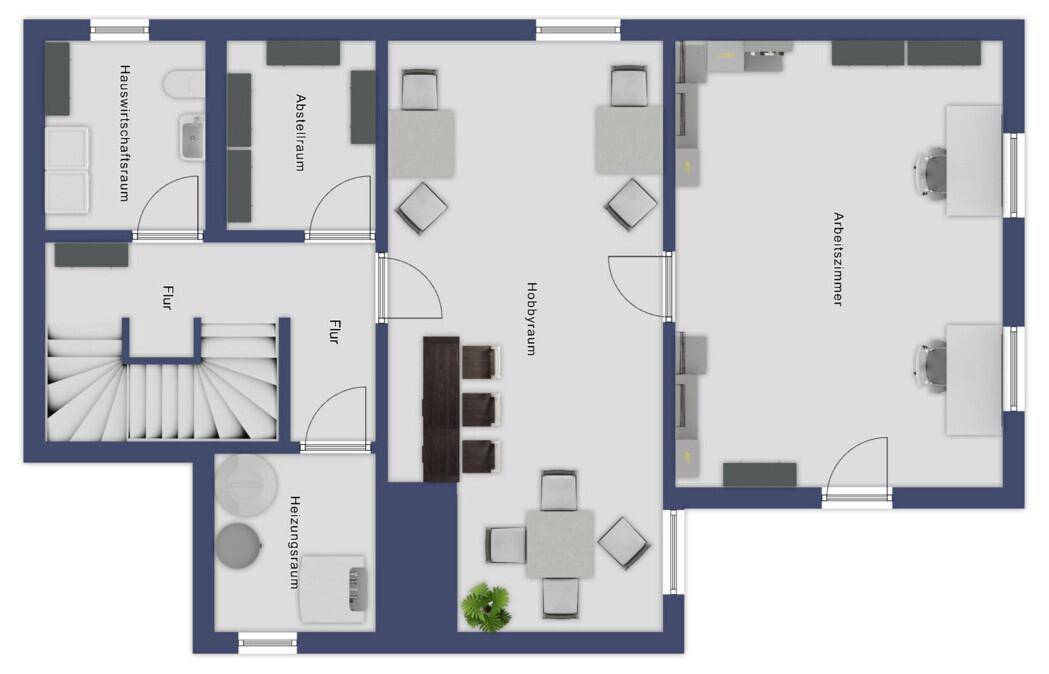 Grundriss des Untergeschosses mit Hobbyraum, Arbeitszimmer, Hauswirtschaftsraum und Heizungsraum.