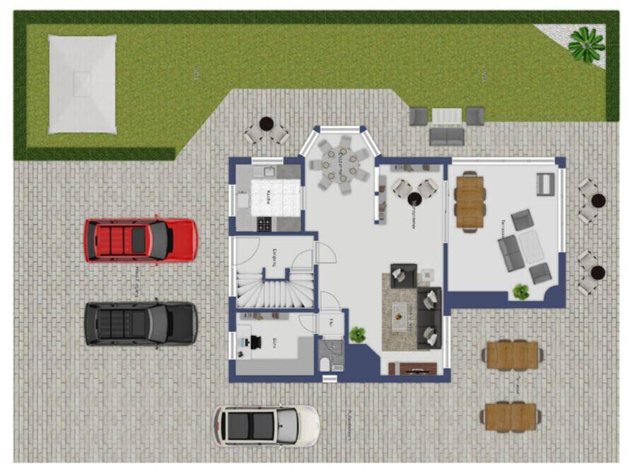 Gesamtübersicht des Grundstücks mit Hausgrundriss, Garten, Terrasse und Parkplätzen.