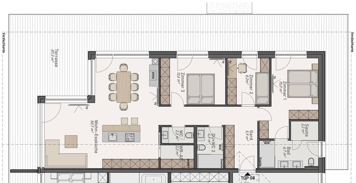 DG Top 8- 111 m² Offenes Raumwunder mit 3 Schlafzimmern, 2 Bädern, 3 WCs, 87 m² Terrasse