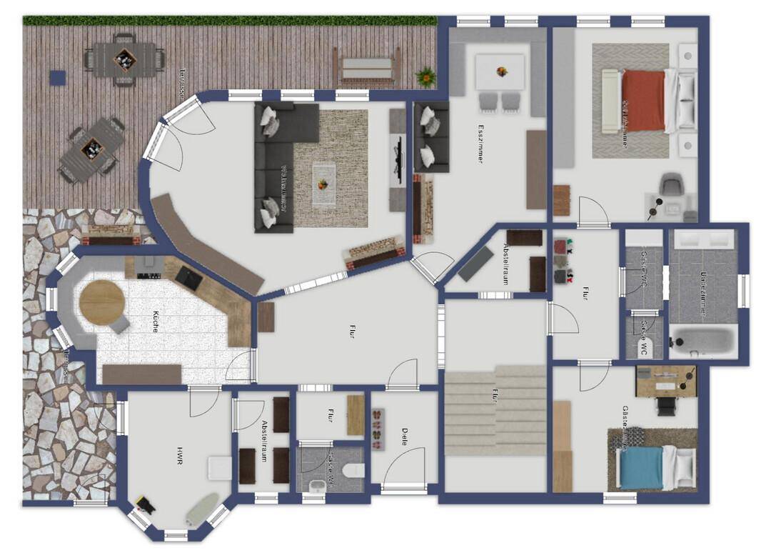 Grundriss des Erdgeschosses mit offener Küche, Wohnbereich, Esszimmer und Zugang zur Terrasse.