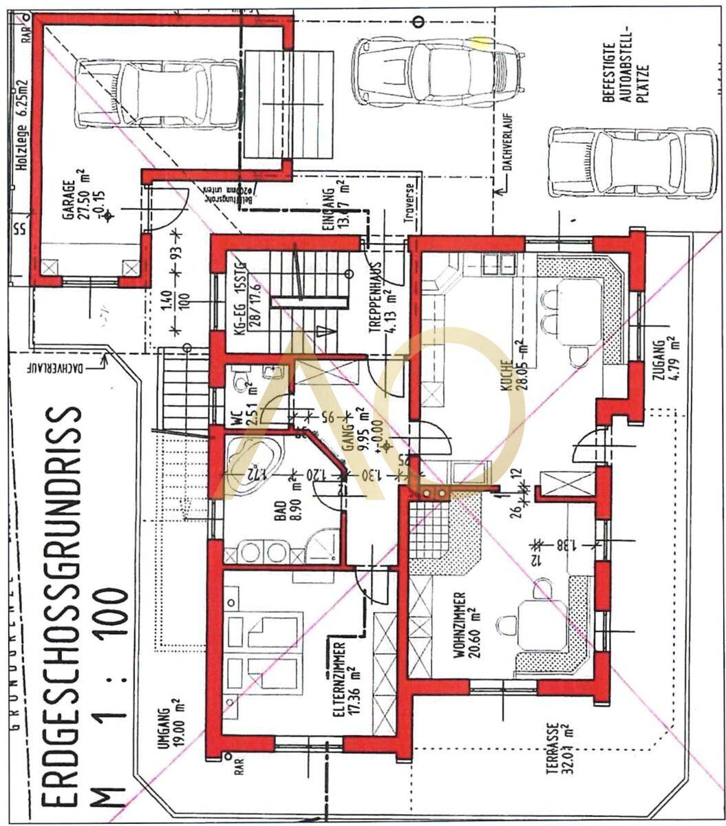 Grundriss des Erdgeschosses mit Garage, Wohnzimmer, Küche, Bad und großer Terrasse.