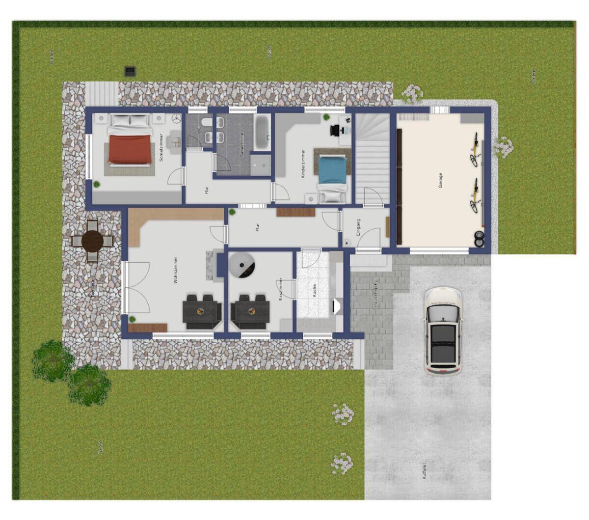 Detaillierter Grundriss des Erdgeschosses mit Wohnzimmer, Küche, Schlafzimmern und Garage.