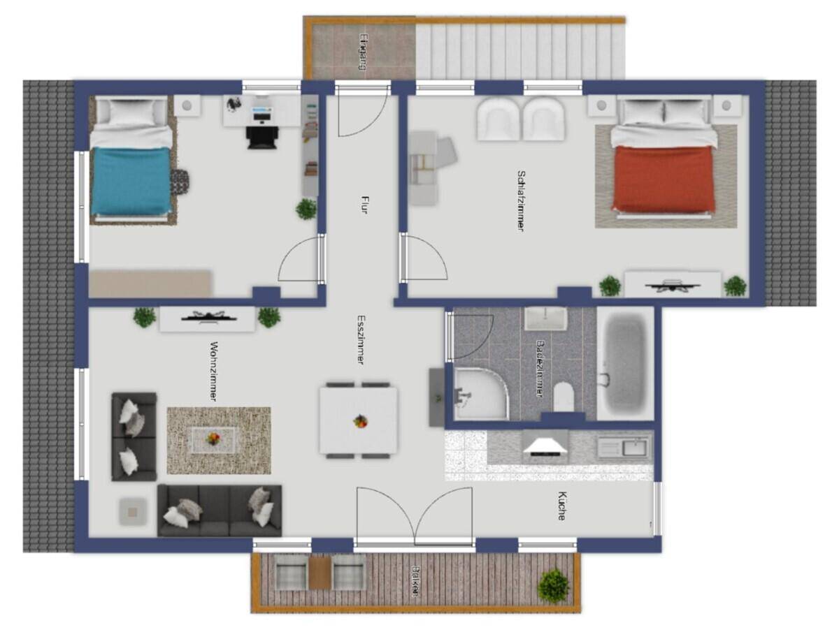 Grundriss des Obergeschosses mit zwei Schlafzimmern, Wohnbereich und Balkon.