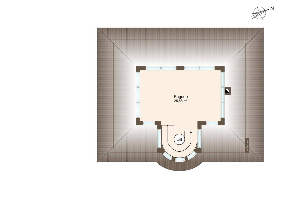 Detaillierter Grundriss der obersten Ebene mit einer Pagode und Liftzugang.