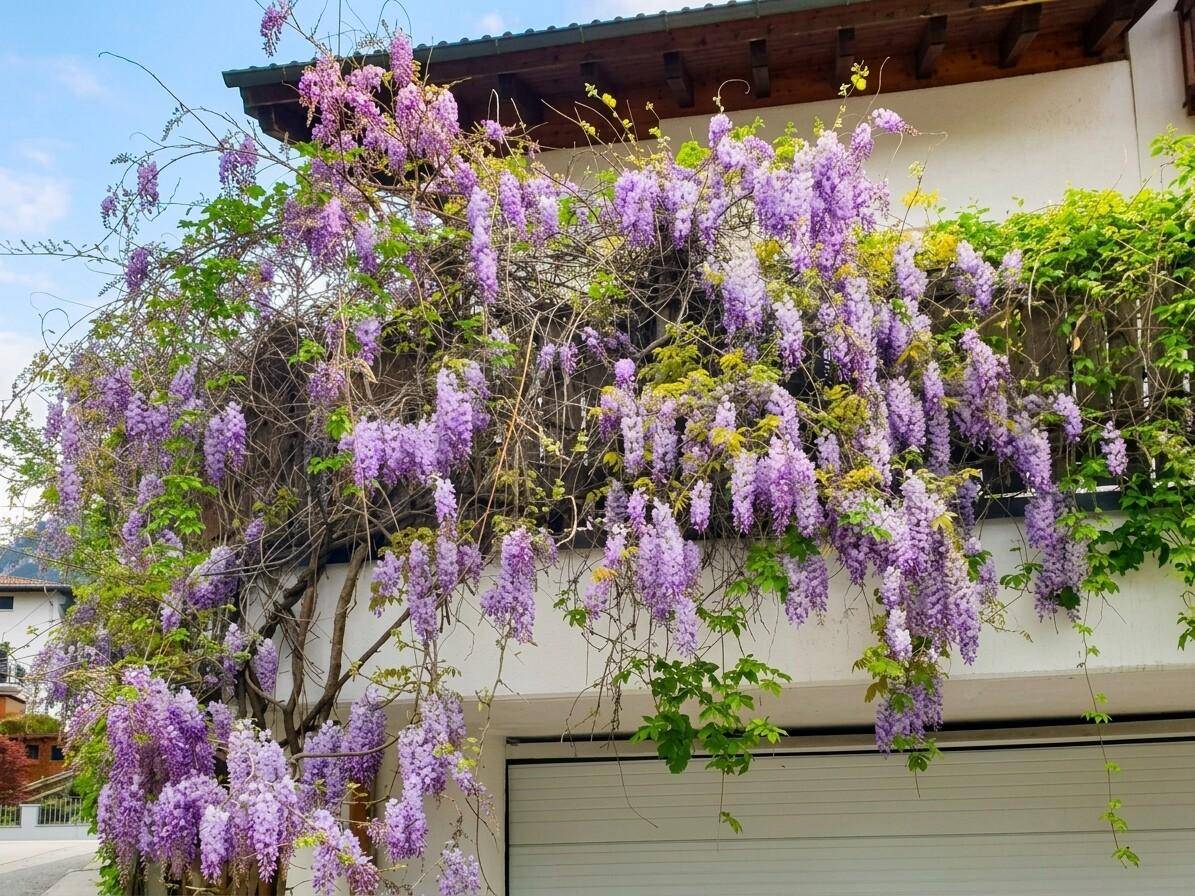 Gebäudefassade mit üppig blühendem Blauregen, der sich über die Garage und einen Balkon rankt.
