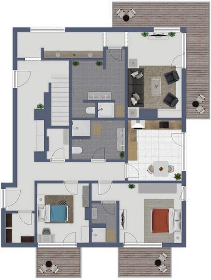 Detaillierter Grundriss einer Maisonette-Wohnung mit mehreren Schlafzimmern und Bädern.