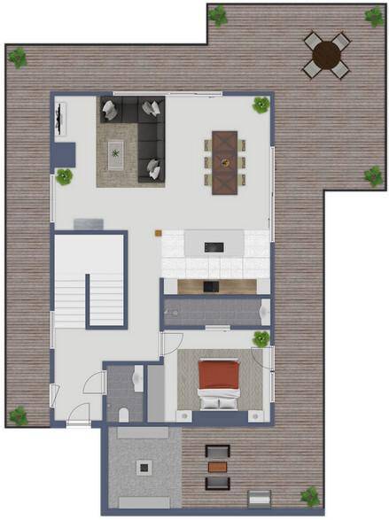 Grundriss des Obergeschosses mit offenem Wohnbereich, Küche, Schlafzimmer und großer Terrasse.