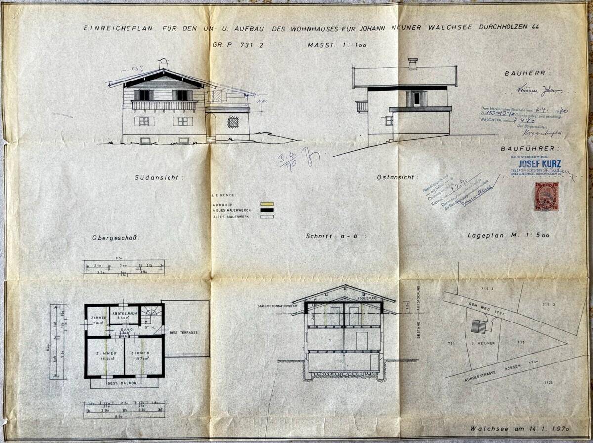 Historischer Einreichplan für den Um- und Aufbau eines Wohnhauses aus dem Jahr 1970.
