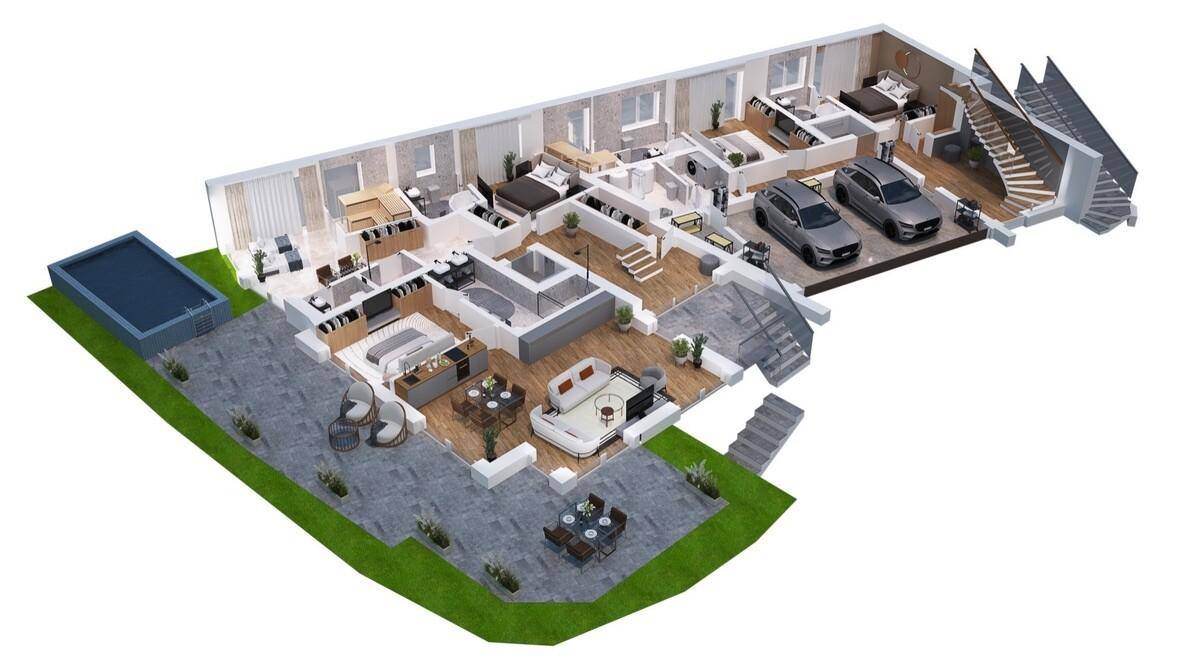 Detaillierter 3D-Grundriss mit offener Raumaufteilung, mehreren Schlafzimmern, Pool und Garage.