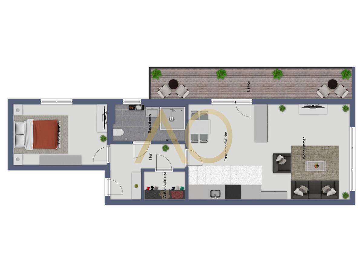 Grundriss der Wohnung mit Schlafzimmer, Bad, Wohnzimmer und Balkon.