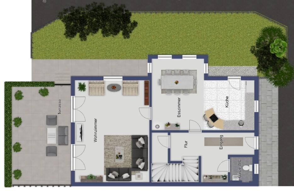 Grundriss des Erdgeschosses mit offenem Wohnbereich, Küche, Esszimmer und großer Terrasse.