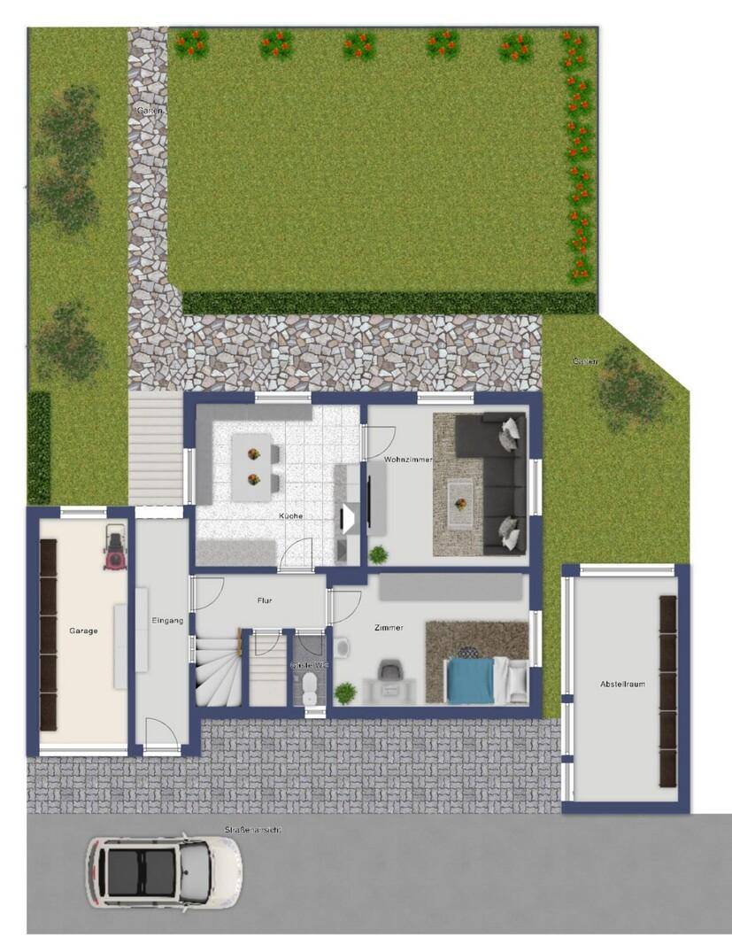 Detaillierter Grundriss des Erdgeschosses mit Garten, Garage und Abstellraum.