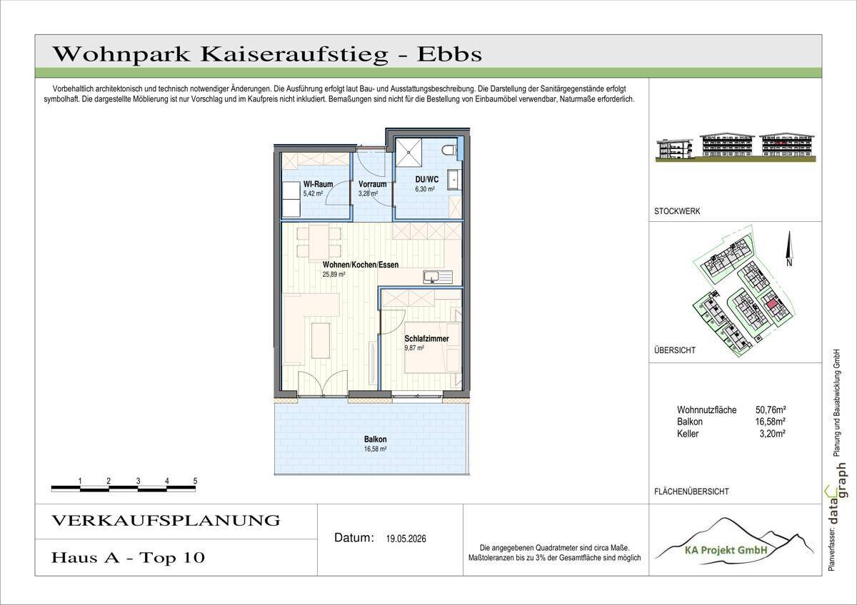 Grundriss einer Wohnung mit offenem Wohn-Koch-Essbereich, Schlafzimmer, Bad, Hauswirtschaftsraum und Balkon.