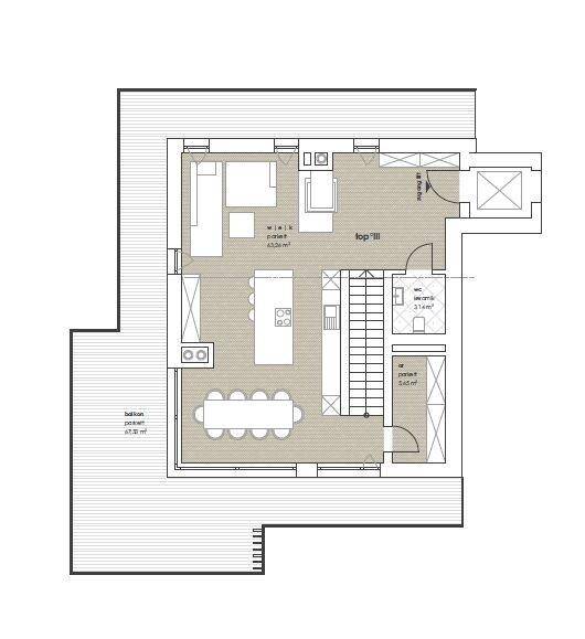Grundriss der oberen Etage mit offenem Wohnbereich, Küche und großem Balkon.