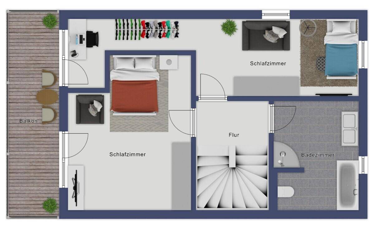 Grundriss des Obergeschosses mit zwei Schlafzimmern, Badezimmer und Balkonzugang.