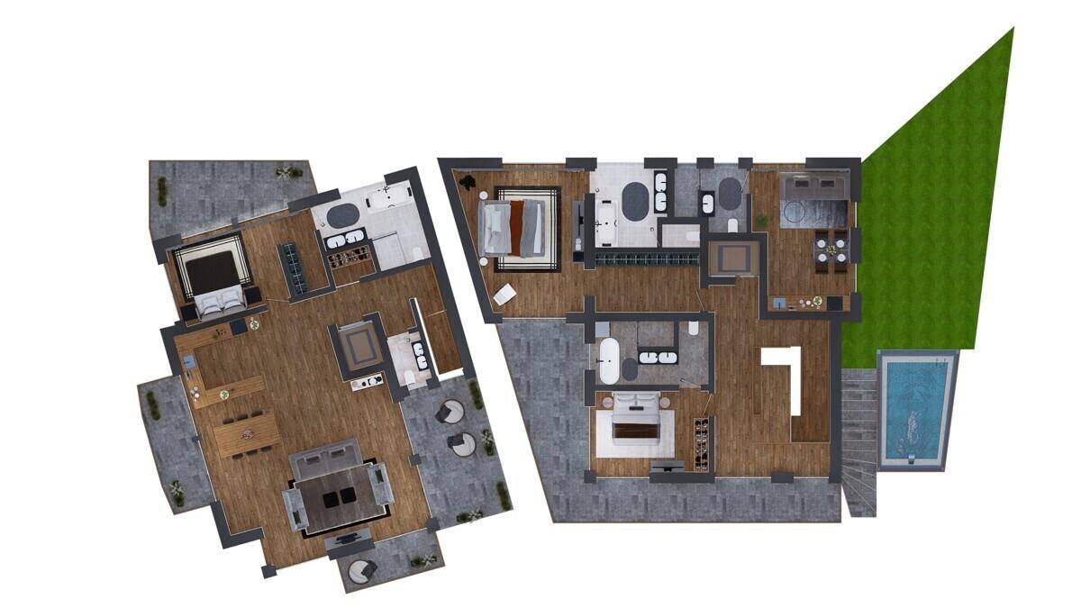 2D-Grundriss von zwei Wohneinheiten mit detaillierter Raumaufteilung, Pool und Terrassen.