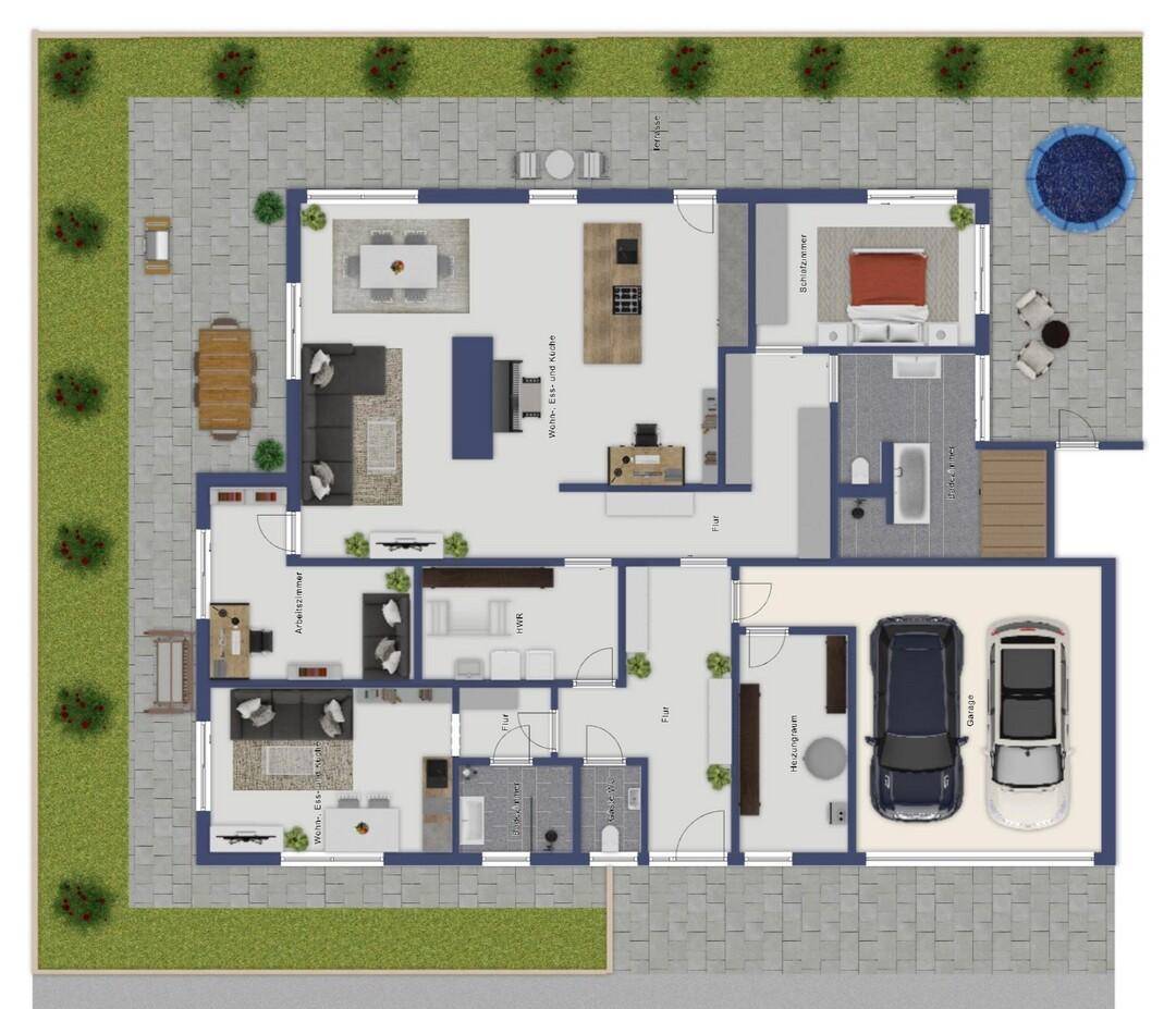 Detaillierter Grundriss des Erdgeschosses mit Wohnbereich, Küche, Schlafzimmer und Garage.