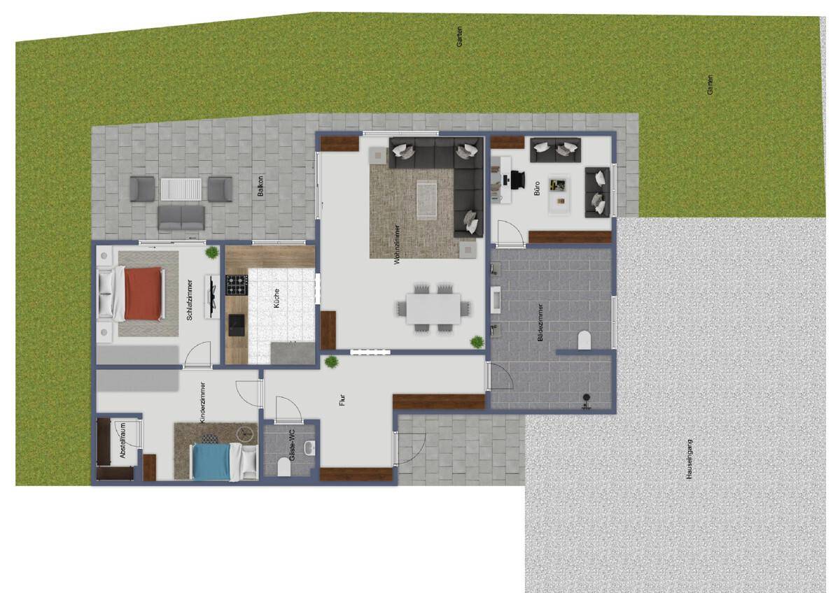 Grundriss einer Wohnung mit großem Balkon, Terrasse, Garten und Hauseingang.