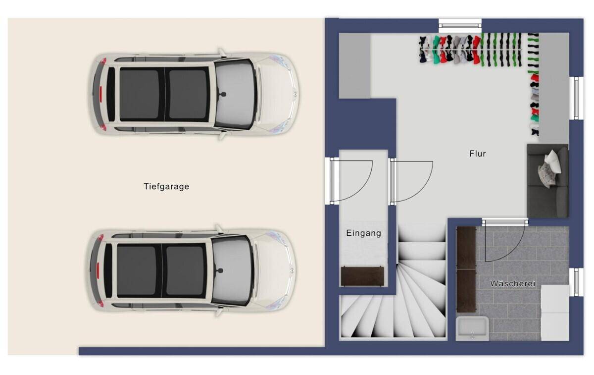 Grundriss des Untergeschosses mit Tiefgarage, Eingangsbereich und Waschküche.