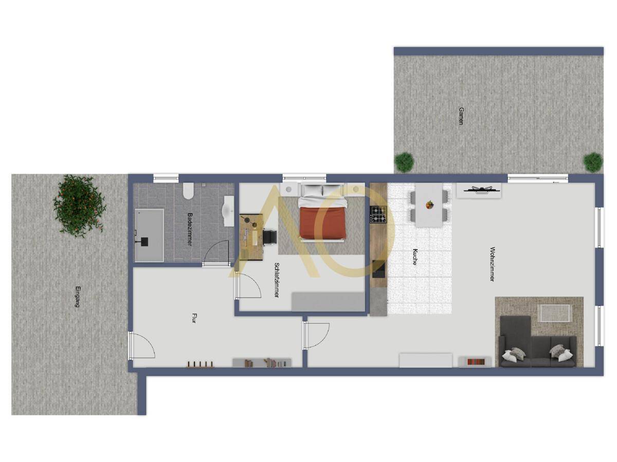 Möblierter Grundriss mit Schlafzimmer, Küche, Wohnzimmer und Bad.
