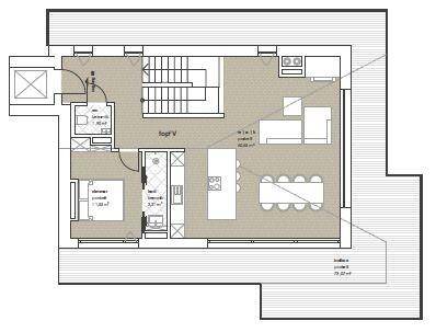 Detaillierter Grundriss des Obergeschosses mit Wohnbereich, Küche, Schlafzimmer und Terrasse.