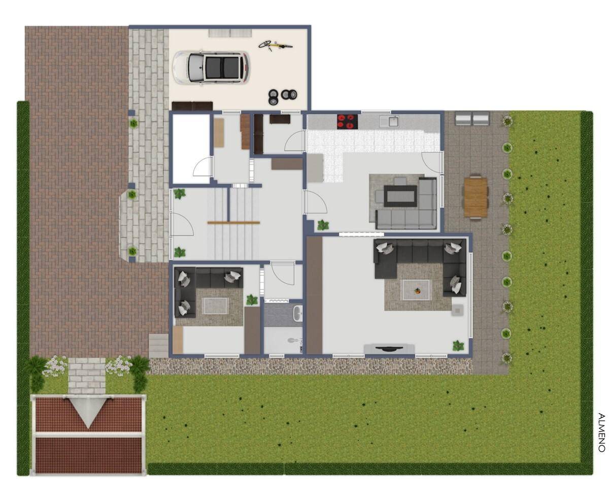 Gesamtgrundriss des Anwesens mit Haus, Garten, Terrasse und Garage im Erdgeschoss.