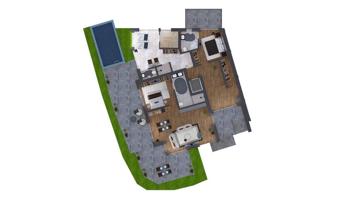 Grundriss des Hauptgeschosses mit Schlafzimmern, Bädern, Pool und großzügigen Terrassenbereichen.