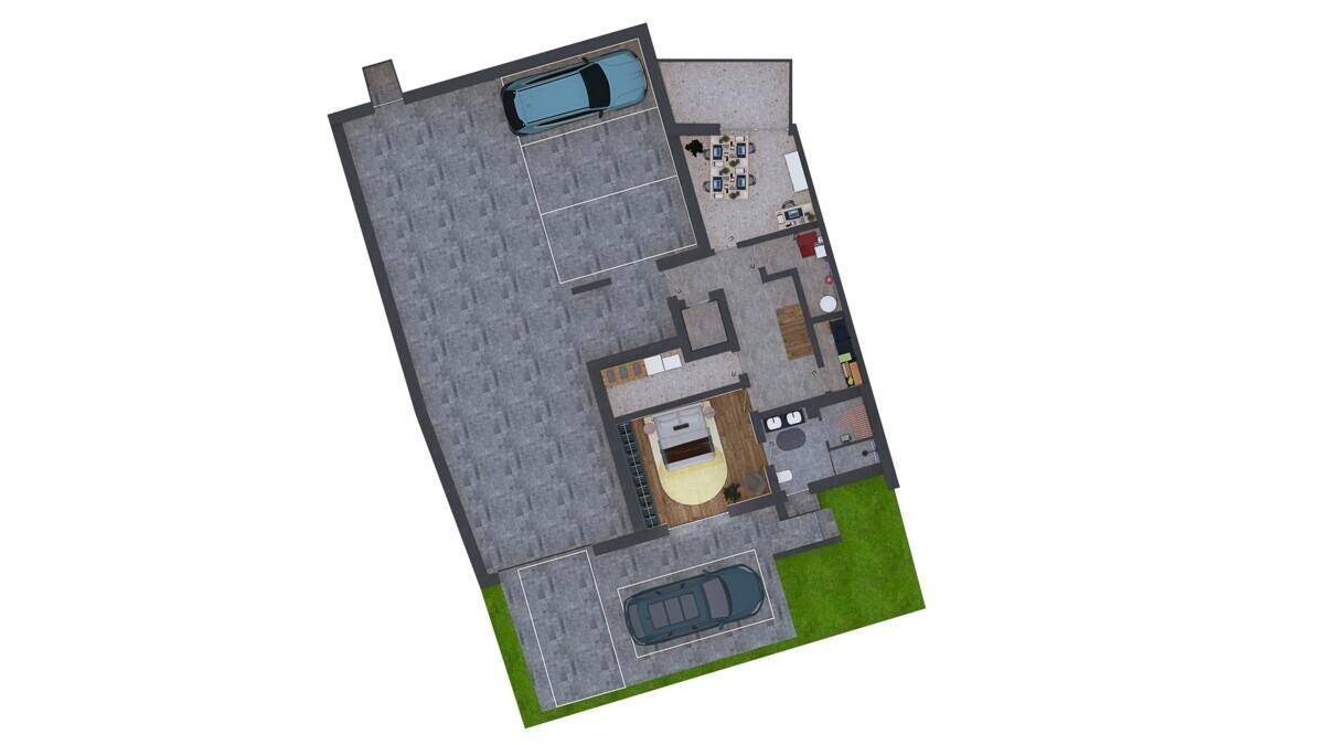 Grundriss des Untergeschosses mit großer Garage, Büro und offenem Wohnbereich.