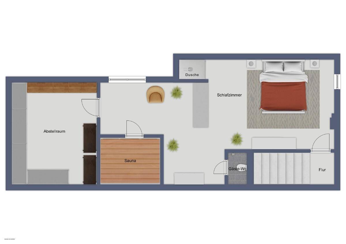 Grundriss des Dachgeschosses mit Schlafzimmer, Sauna, Abstellraum und Gäste-WC.