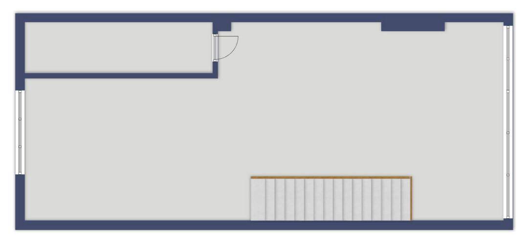 Einfacher Grundriss eines Raumes mit einem Eingang und einer Treppe, die nach unten führt.