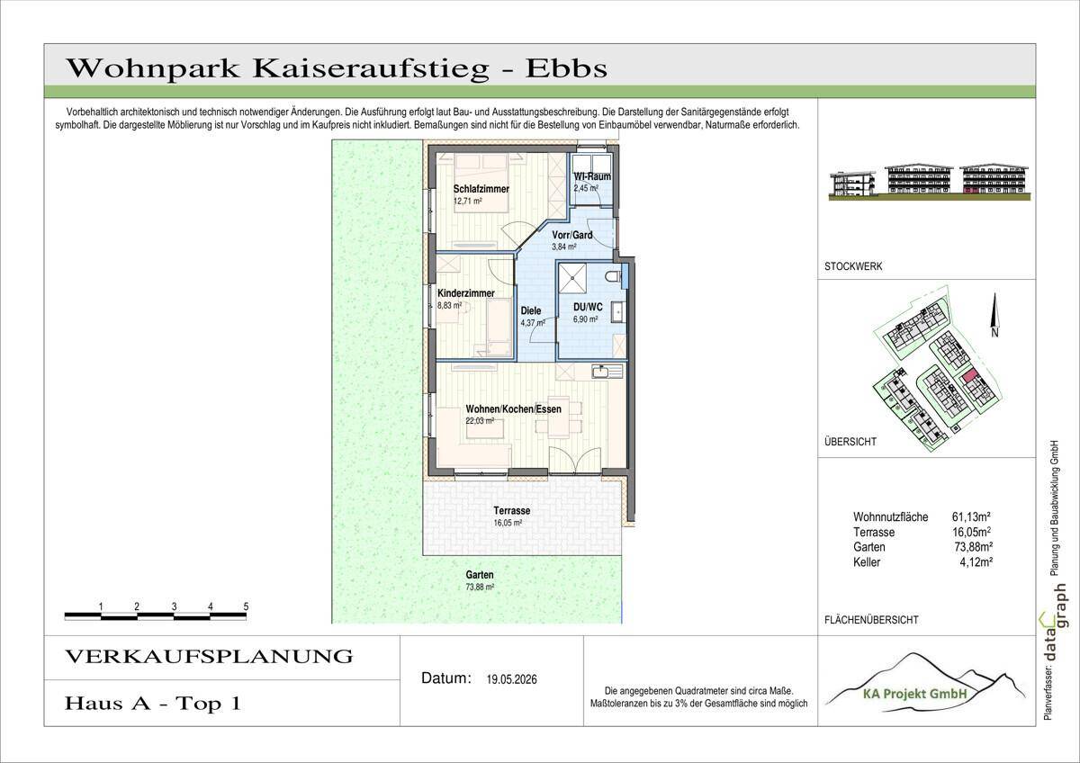 Grundriss einer Wohnung mit offenem Wohn-Essbereich, Schlafzimmer, Kinderzimmer, Bad, Terrasse und Garten.