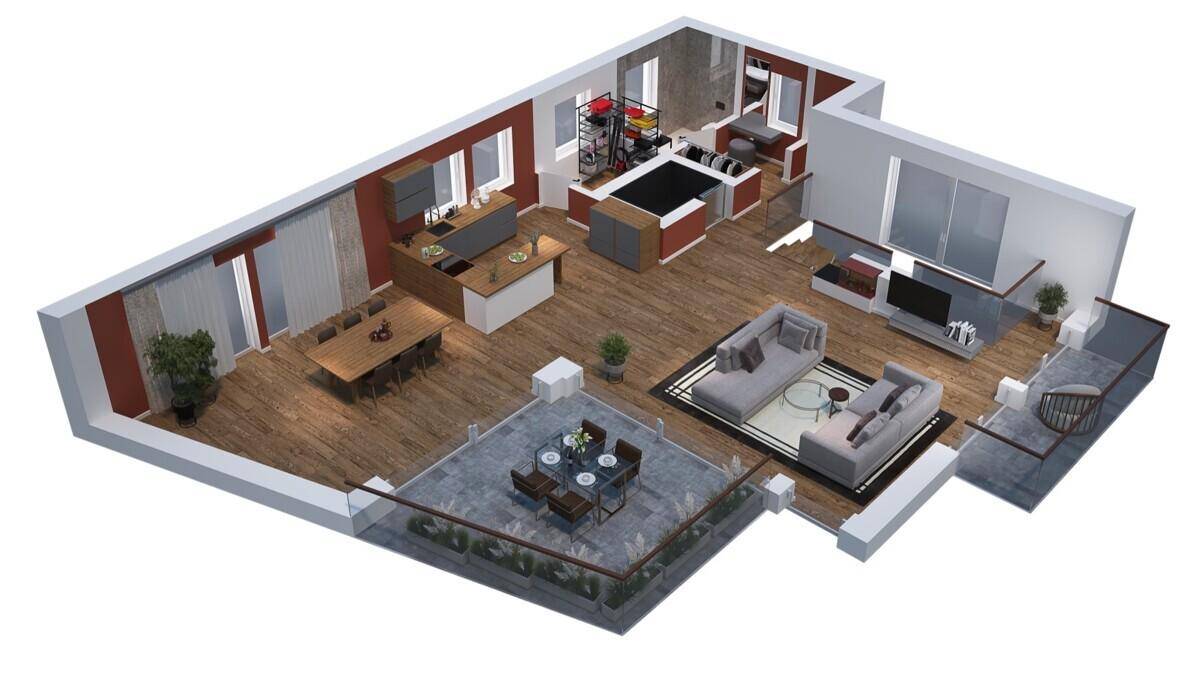 3D-Grundriss des Obergeschosses mit offenem Wohn-Essbereich, Küche und großer Terrasse.