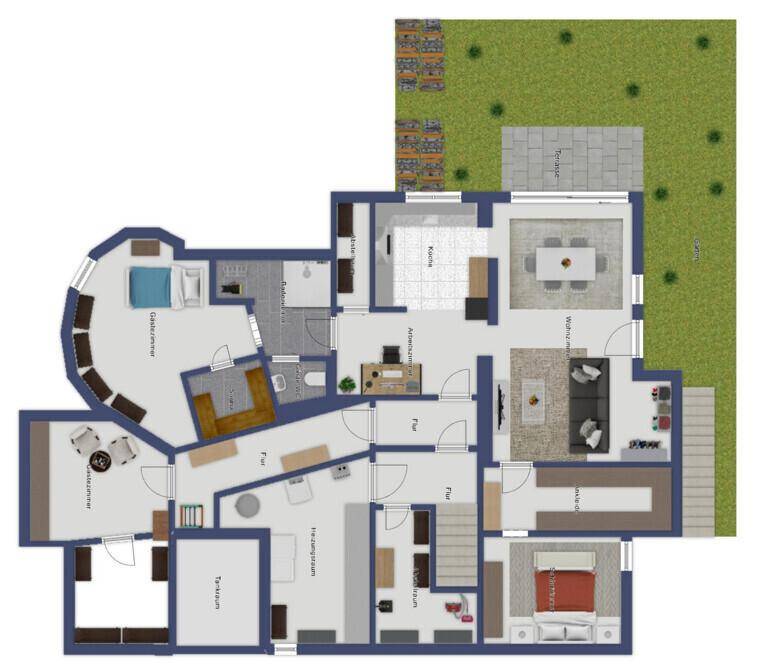 Grundriss des Untergeschosses mit Gästezimmer, Heizungsraum, Tankraum und Zugang zum Garten.