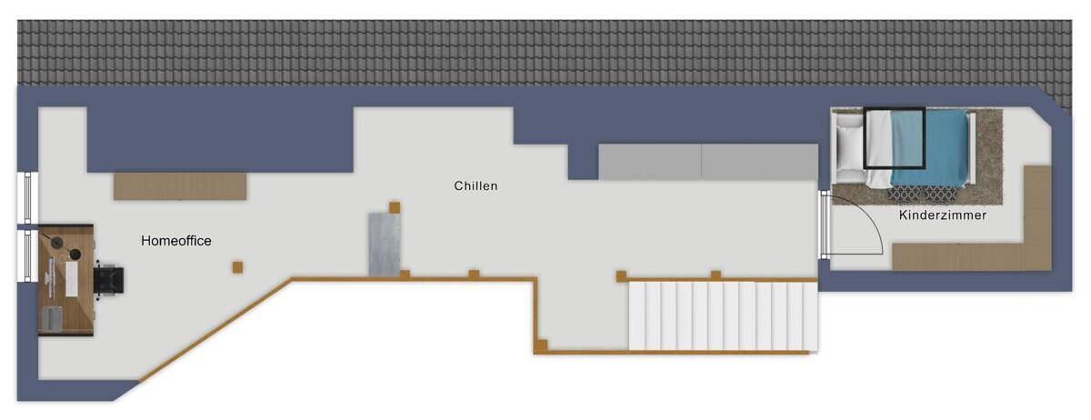 Grundriss einer weiteren Etage mit Homeoffice, Chill-Bereich und Kinderzimmer.