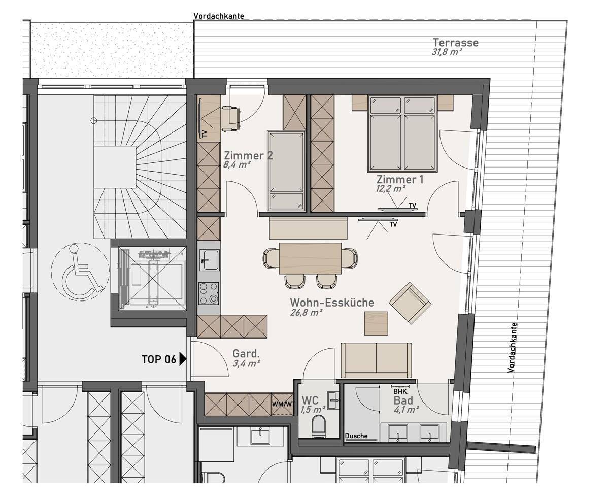 OG Top 6- 31 m² Terrasse und offenes Ambiente sowie 2 Schlafzimmer, Bad und sep. WC auf nur 56 m²