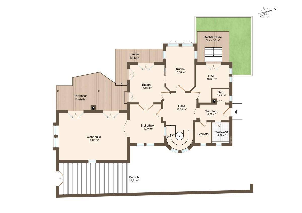 Grundriss des Erdgeschosses mit Wohnbereich, Küche, Esszimmer und Dachterrasse.