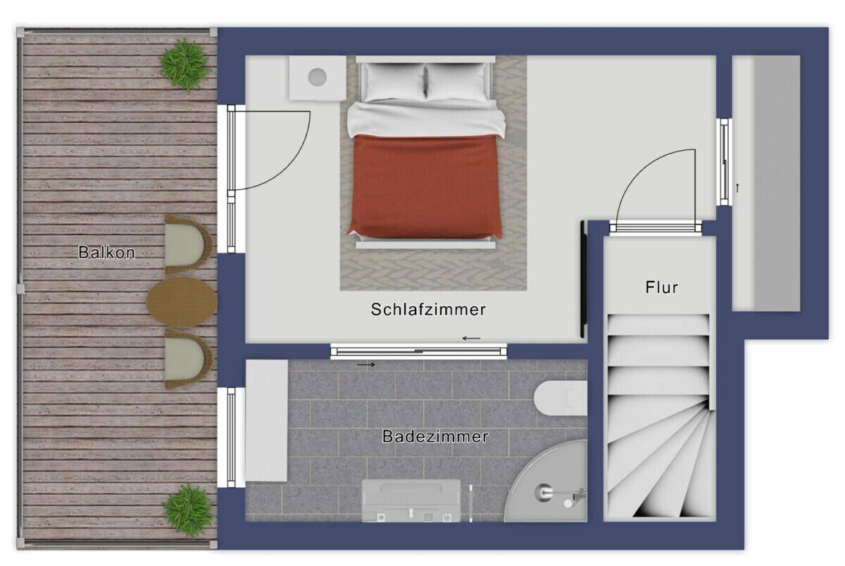 Grundriss des Dachgeschosses mit Schlafzimmer, Badezimmer und großem Balkon.
