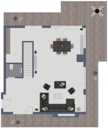 Grundriss einer Wohneinheit mit offenem Wohnbereich, Esszimmer und großer Terrasse.