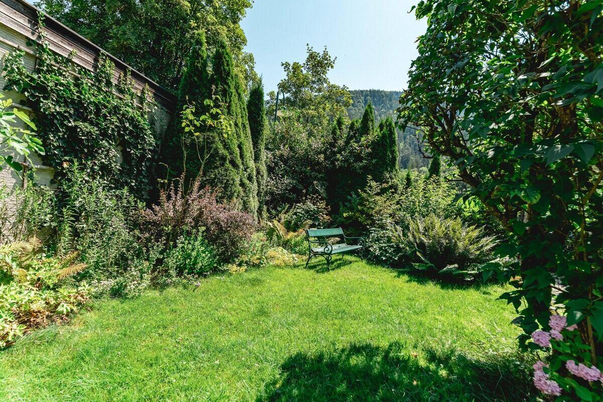 Grüner Gartenbereich mit Rasenfläche und einer kleinen Bank, umgeben von üppiger Vegetation.