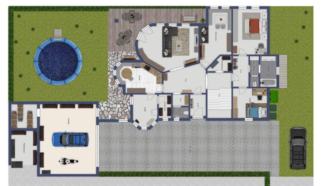 Detaillierter Grundriss mit Wohnbereichen, Schlafzimmern, Garage und einem Außenpool im Garten.