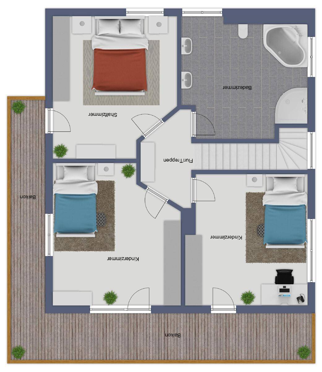 Grundriss des Obergeschosses mit drei Schlafzimmern, Badezimmer und zwei Balkonen.