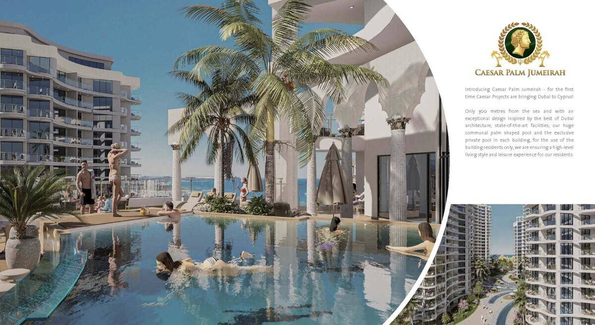 Große Poollandschaft mit Palmen und modernen Apartmentgebäuden, wo Menschen entspannen und schwimmen.