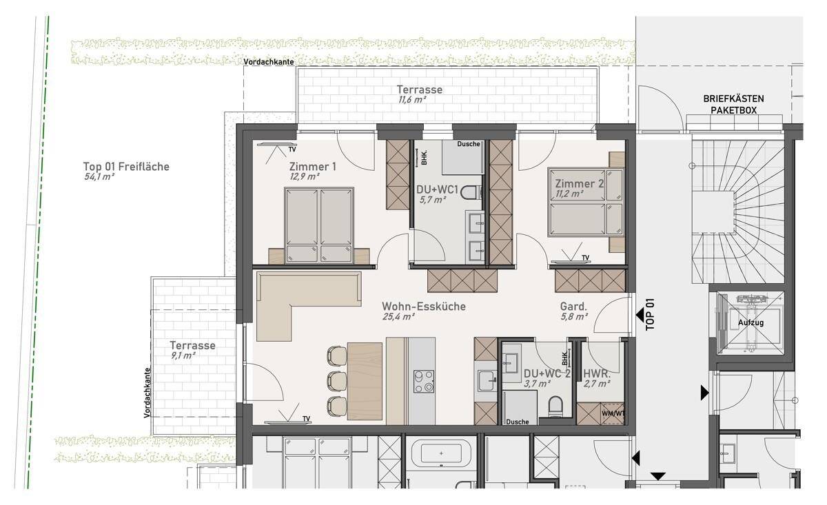 EG Top 1 Wohntraum mit Terrasse, Garten, 2 Schlafzimmern, 2 Bädern u. 2 WCs