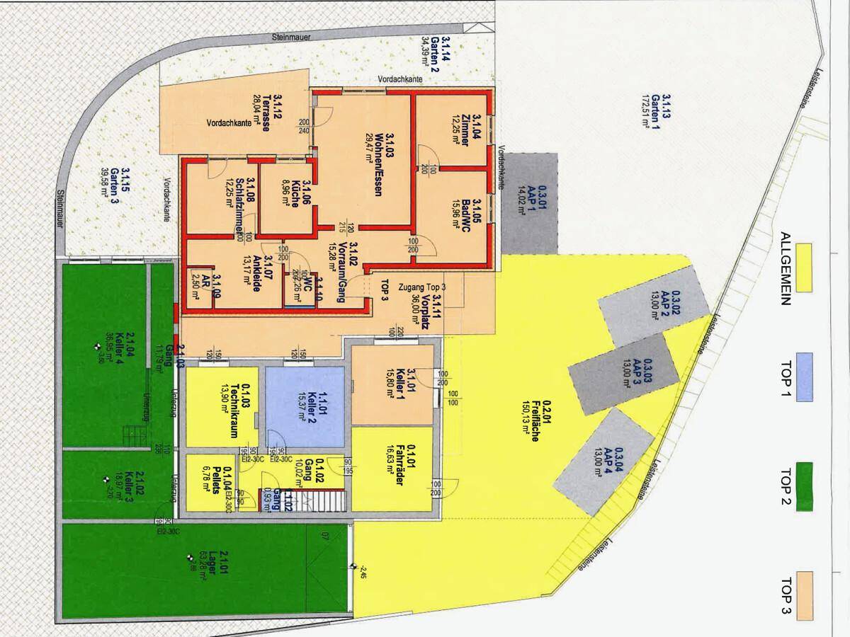 Gesamtgrundriss des Anwesens mit verschiedenen Wohneinheiten, Kellerräumen und Gartenbereichen.