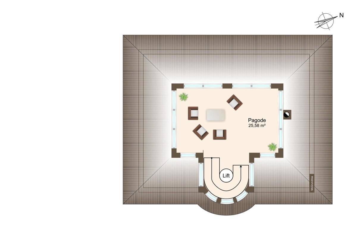 Grundriss der obersten Ebene mit einer Pagode und Zugang über den Lift.