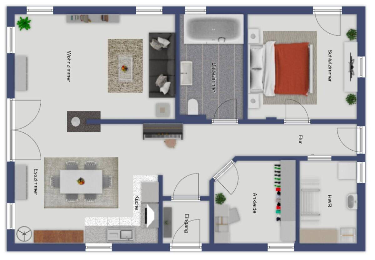 Grundriss des Hauptgeschosses mit Wohnzimmer, Esszimmer, Küche und Schlafzimmer.
