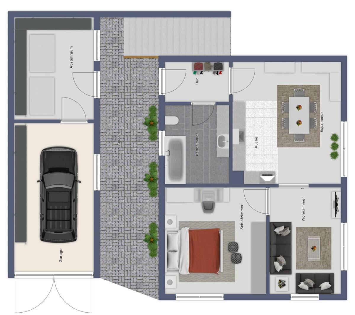 Detaillierter Grundriss des Erdgeschosses mit Küche, Esszimmer und Schlafzimmer.